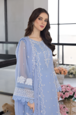 Azure - 3pcs Lawn Embroidered With Organza Emb Dupatta - 3020 - Image 5