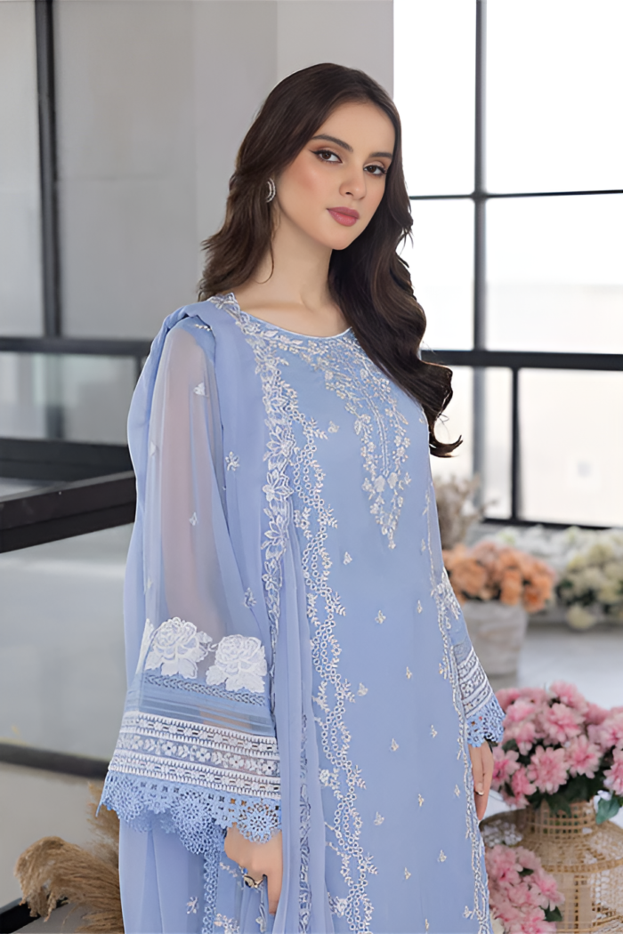 Azure - 3pcs Lawn Embroidered With Organza Emb Dupatta - 3020 - Image 5