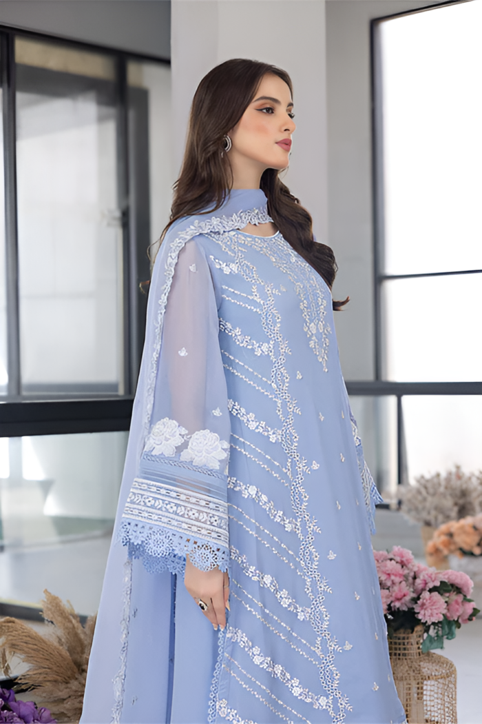 Azure - 3pcs Lawn Embroidered With Organza Emb Dupatta - 3020 - Image 4