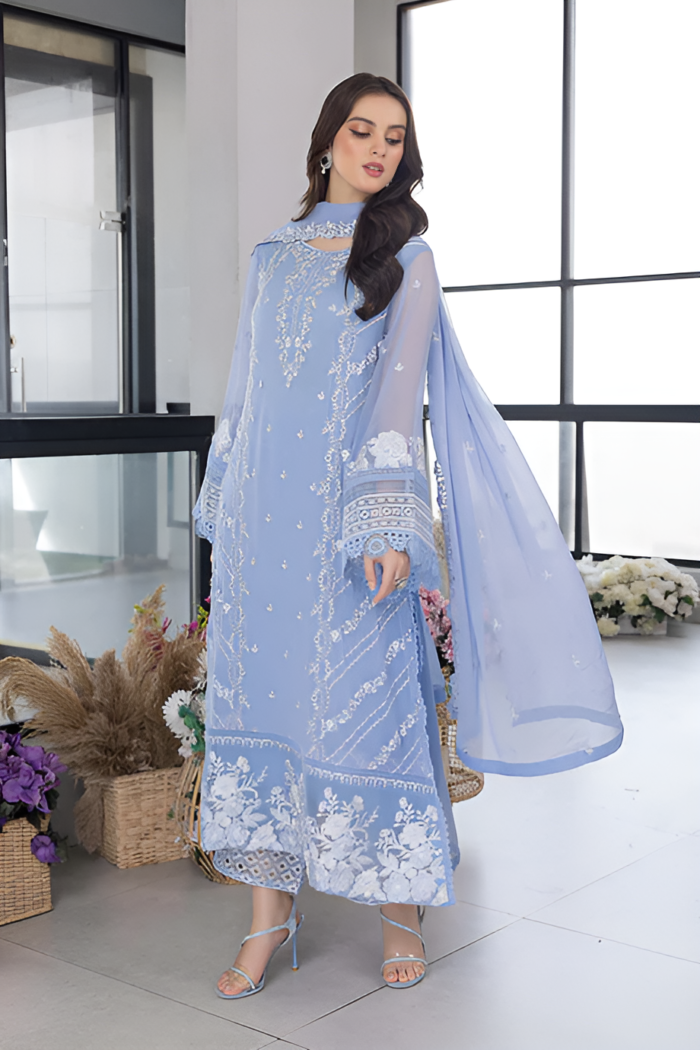 Azure - 3pcs Lawn Embroidered With Organza Emb Dupatta - 3020 - Image 3