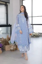 Azure - 3pcs Lawn Embroidered With Organza Emb Dupatta - 3020 - Image 2