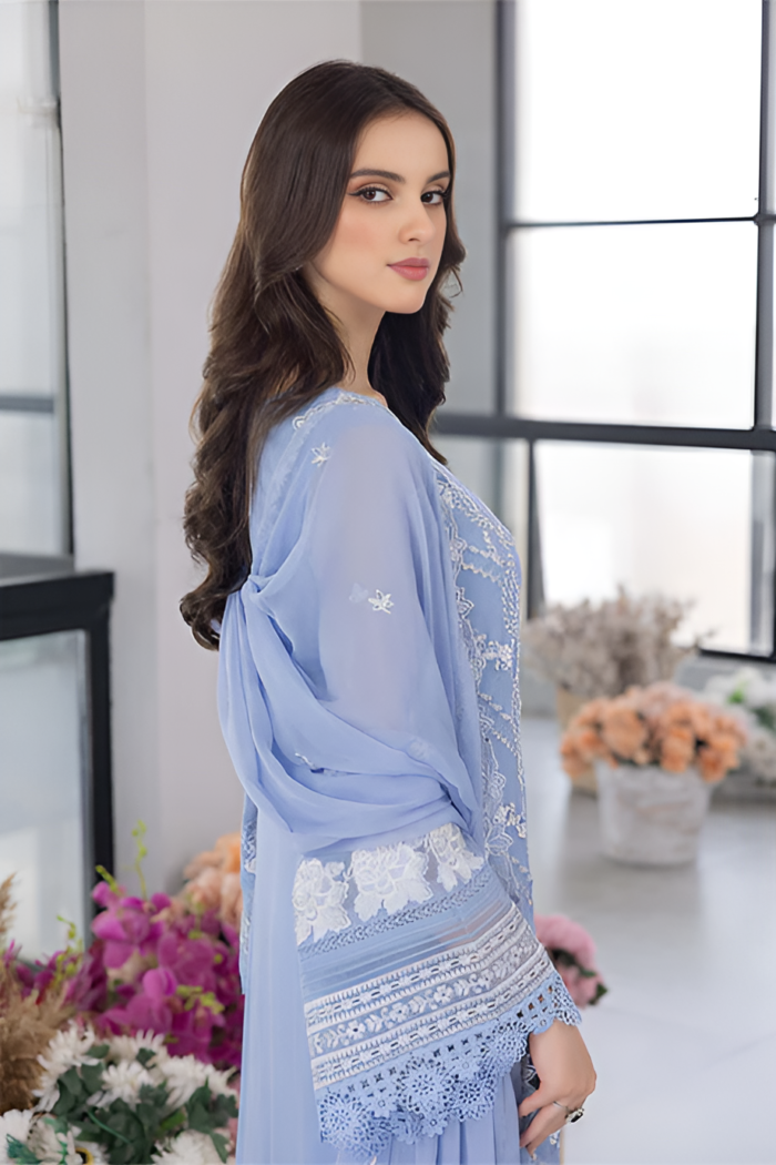 Azure - 3pcs Lawn Embroidered With Organza Emb Dupatta - 3020 - Image 7