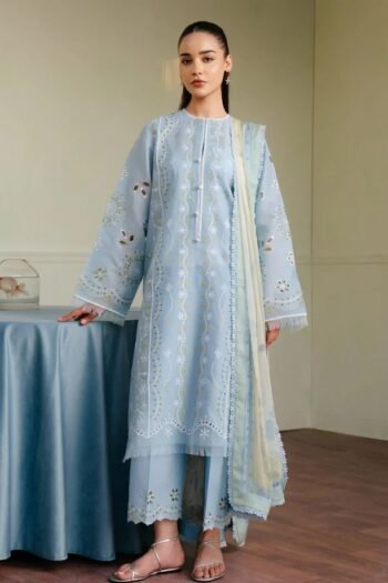Zara SJ - 3pcs Law Embroidered With Diamond Printed Dupatta - 0525