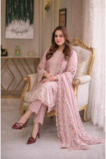 Aneela's - 3pcs Luxury Emb With Ready To Wear Khaadi Net Dupatta - 394 - Image 4