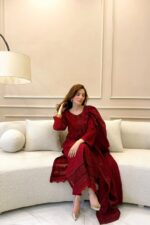 Agha Noor - 3pcs Premium Lawn Emb With Ready To Wear Dupatta - Red - Image 2