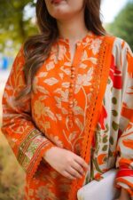 Aneela's - 3pcs Lawn Print Emb With Ready To Wear Chiffon Dupatta - 817 - Image 4