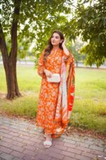 Aneela's - 3pcs Lawn Print Emb With Ready To Wear Chiffon Dupatta - 817
