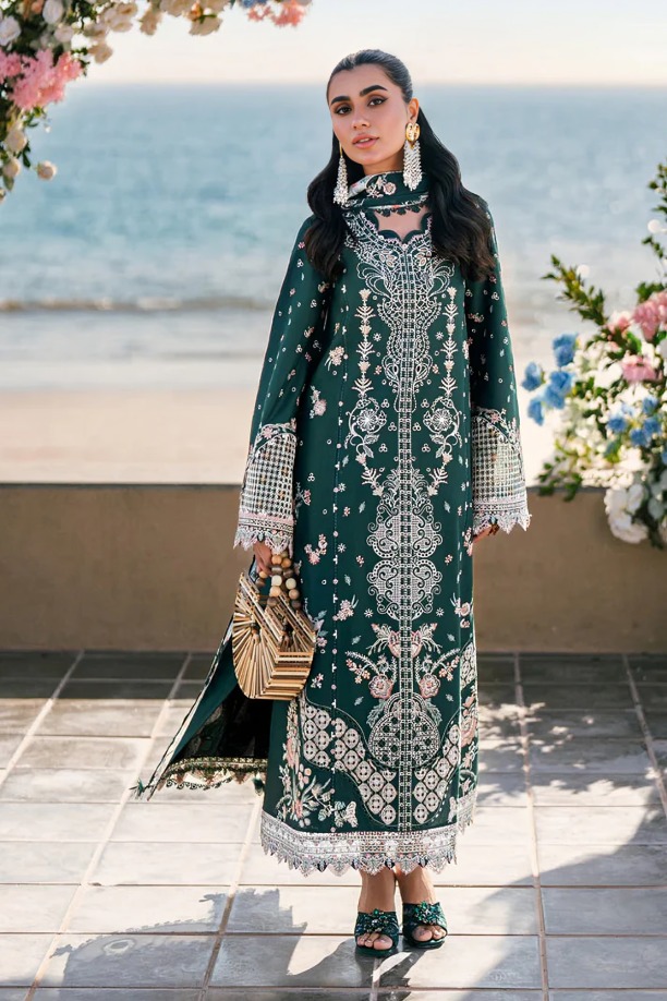 48976897358 Qalamkar - 3pcs Chicken Kari Lawn Emb With Chiffon Emb Dupatta - 51219 - Image 1