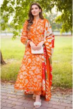 Aneela's - 3pcs Lawn Print Emb With Ready To Wear Chiffon Dupatta - 817 - Image 3