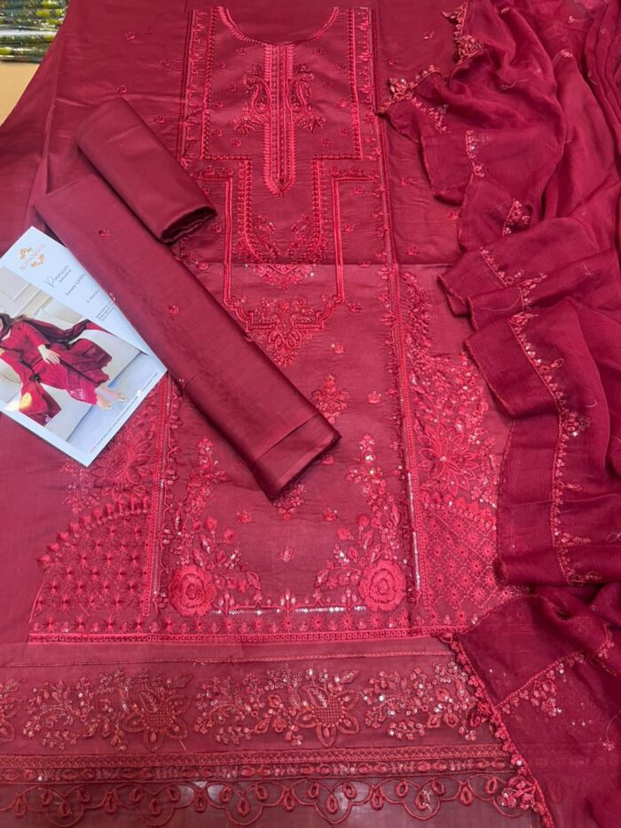 Agha Noor - 3pcs Premium Lawn Emb With Ready To Wear Dupatta - Red - Image 5
