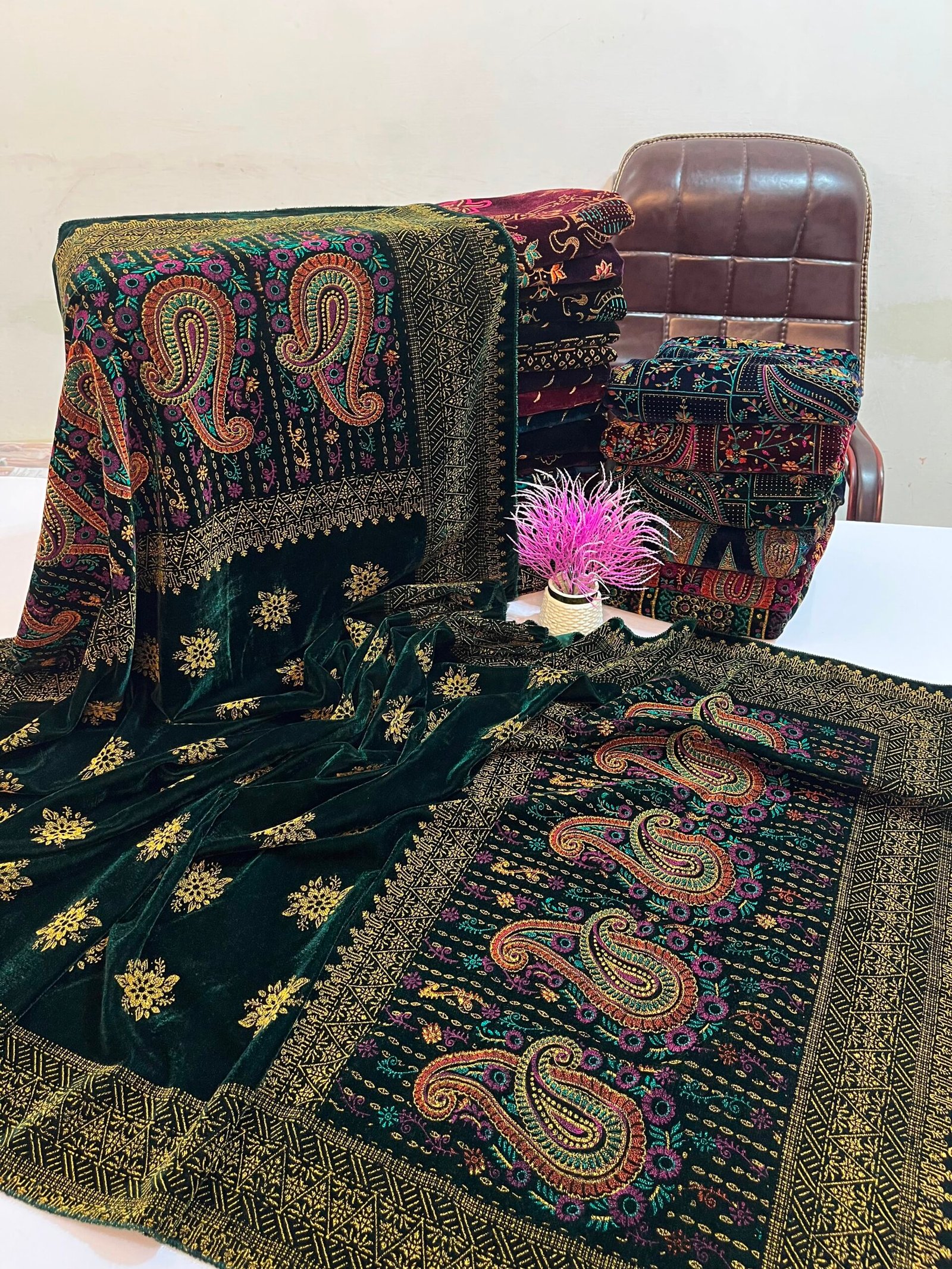 WhatsApp Image 2026-09-28 at 3.11.57 AM (2) Velvet Printed Winter Shawl 2.5 Yards – Article# 09/Green - Image 1