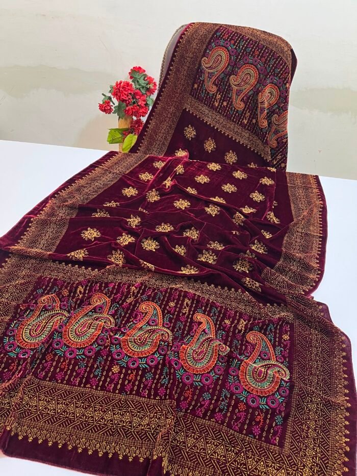 Velvet Printed Winter Shawl 2.5 Yards – Article# 09/Maroon - Image 2