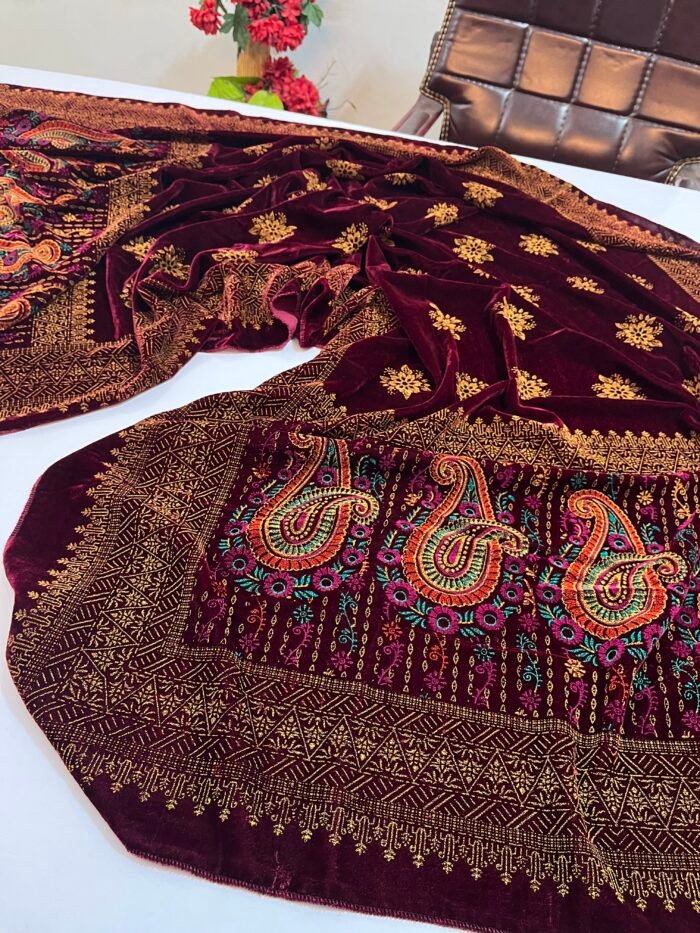 Velvet Printed Winter Shawl 2.5 Yards – Article# 09/Maroon - Image 3