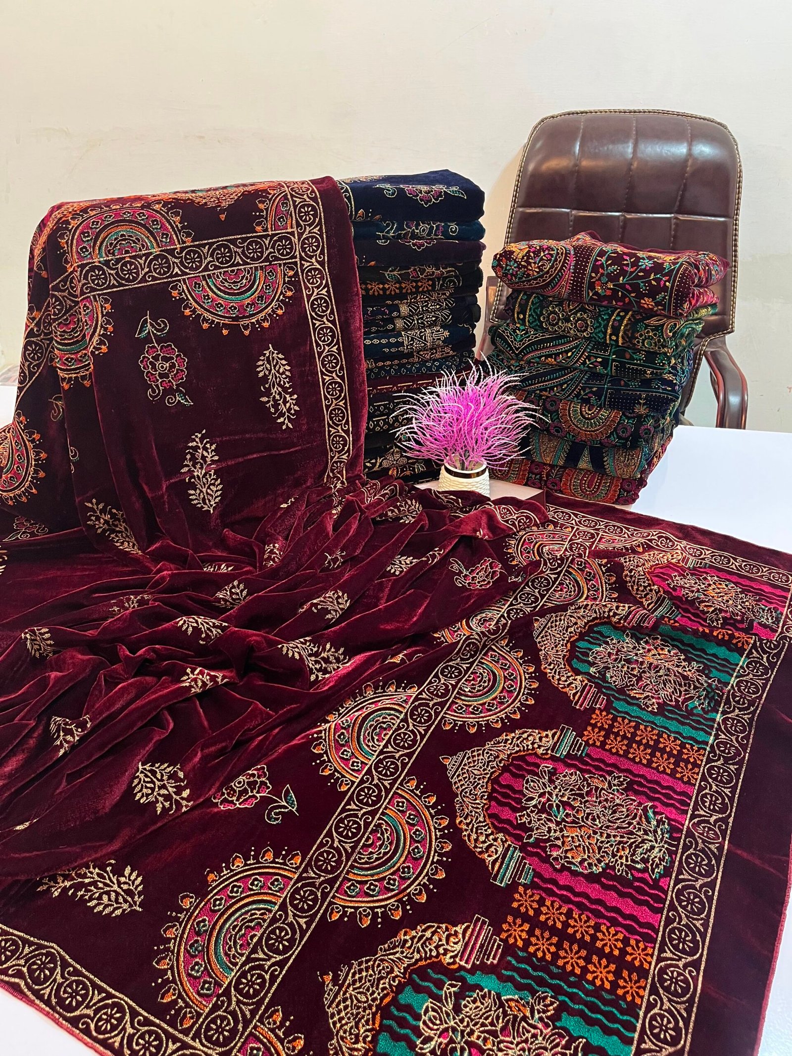 WhatsApp Image 2026-09-28 at 3.13.36 AM Velvet Printed Winter Shawl 2.5 Yards – Article# 08/Maroon - Image 1