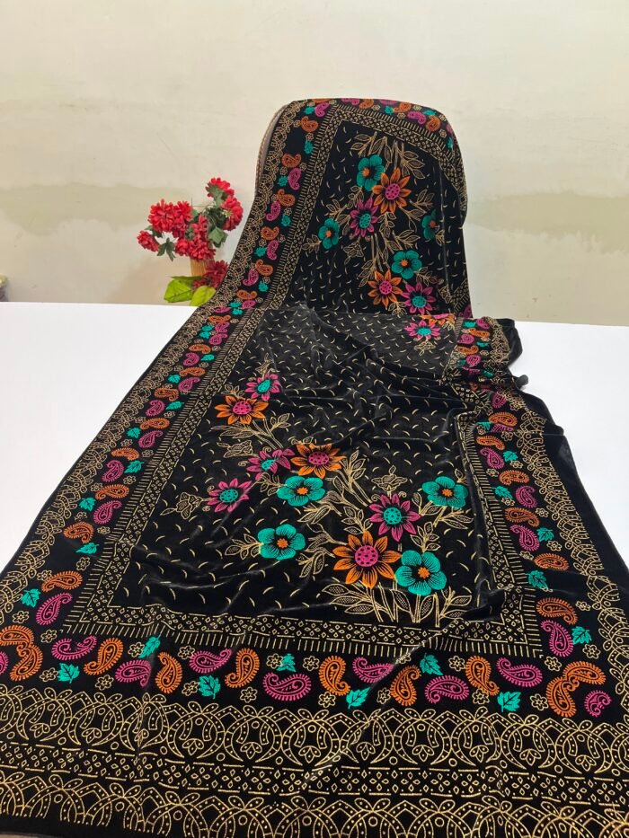 Velvet Printed Winter Shawl 2.5 Yards – Article# 07/Black - Image 2